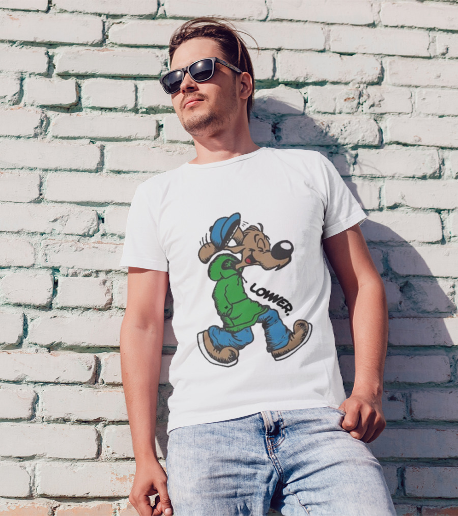 Lower Billie Hood Walkin Cartoon Character In Green And Blue Cap T-Shirt