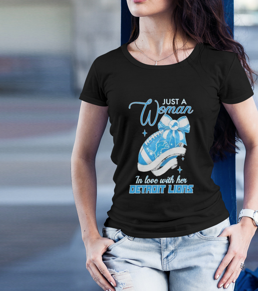 Just A Woman In Love With Her Detroit Lions Glittery Ribbon T-Shirt