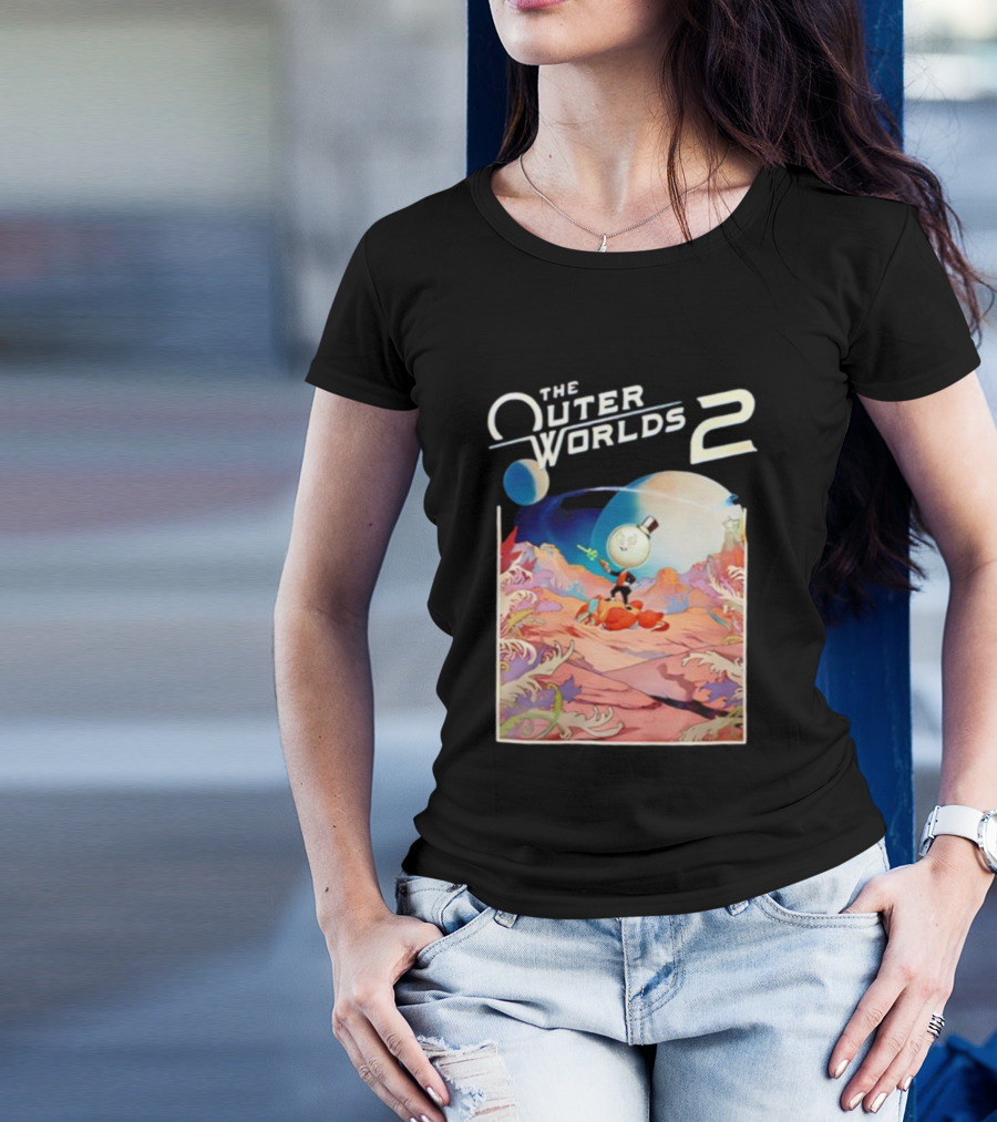 The Outer Worlds 2 Surreal Landscape With Cartoon Character T-Shirt
