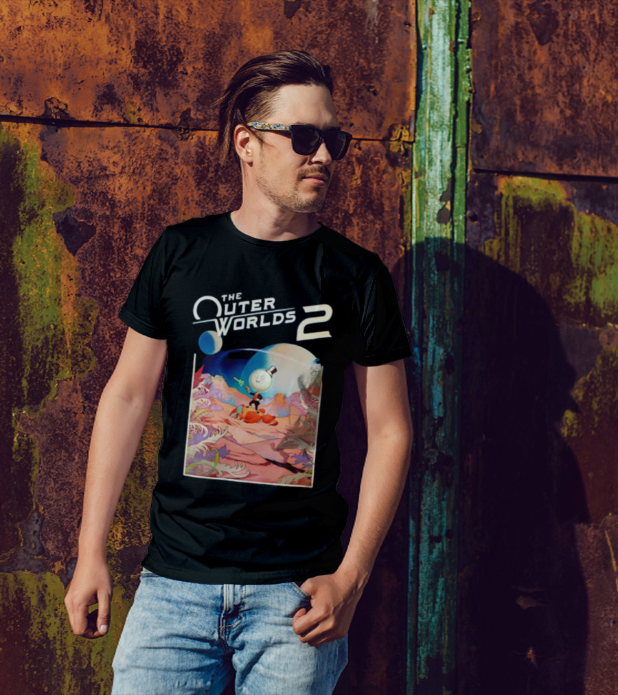 The Outer Worlds 2 Surreal Landscape With Cartoon Character T-Shirt