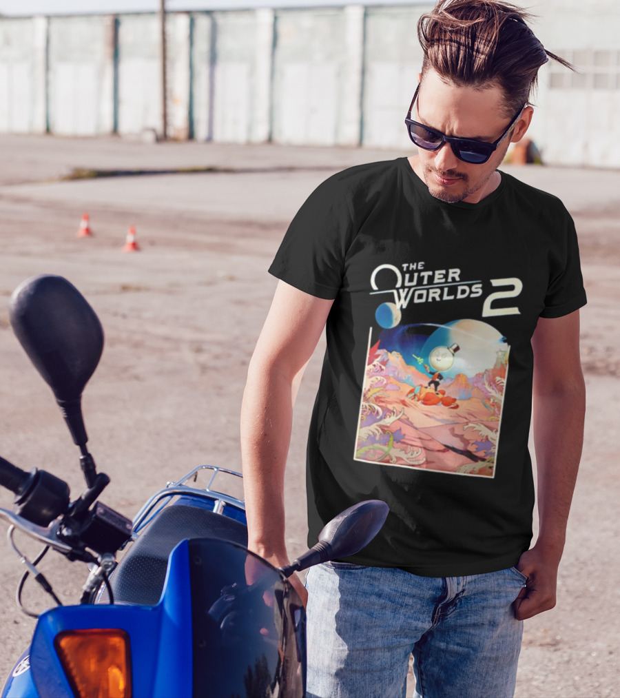 The Outer Worlds 2 Surreal Landscape With Cartoon Character T-Shirt