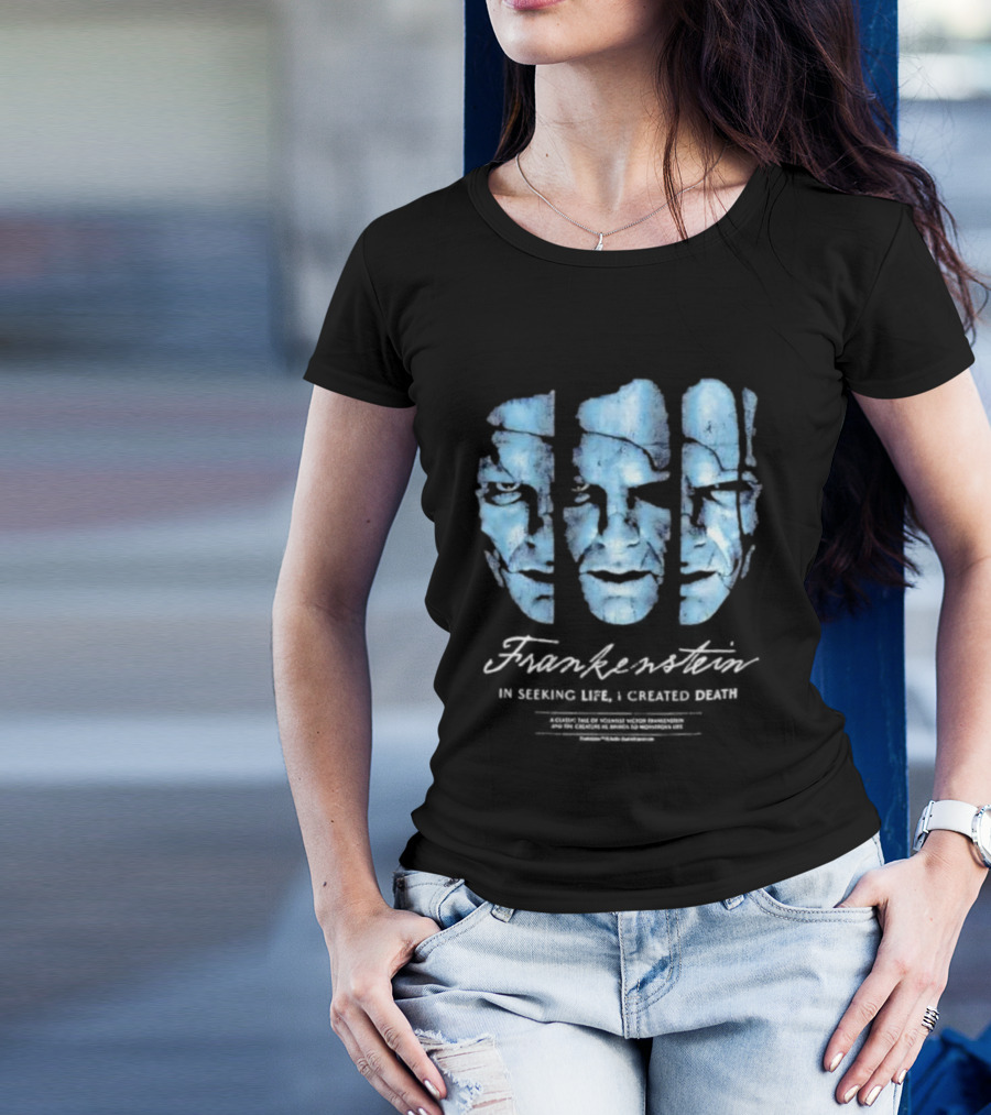 Frankenstein The Creature Seeking Life Created Death Split Face Design T-Shirt