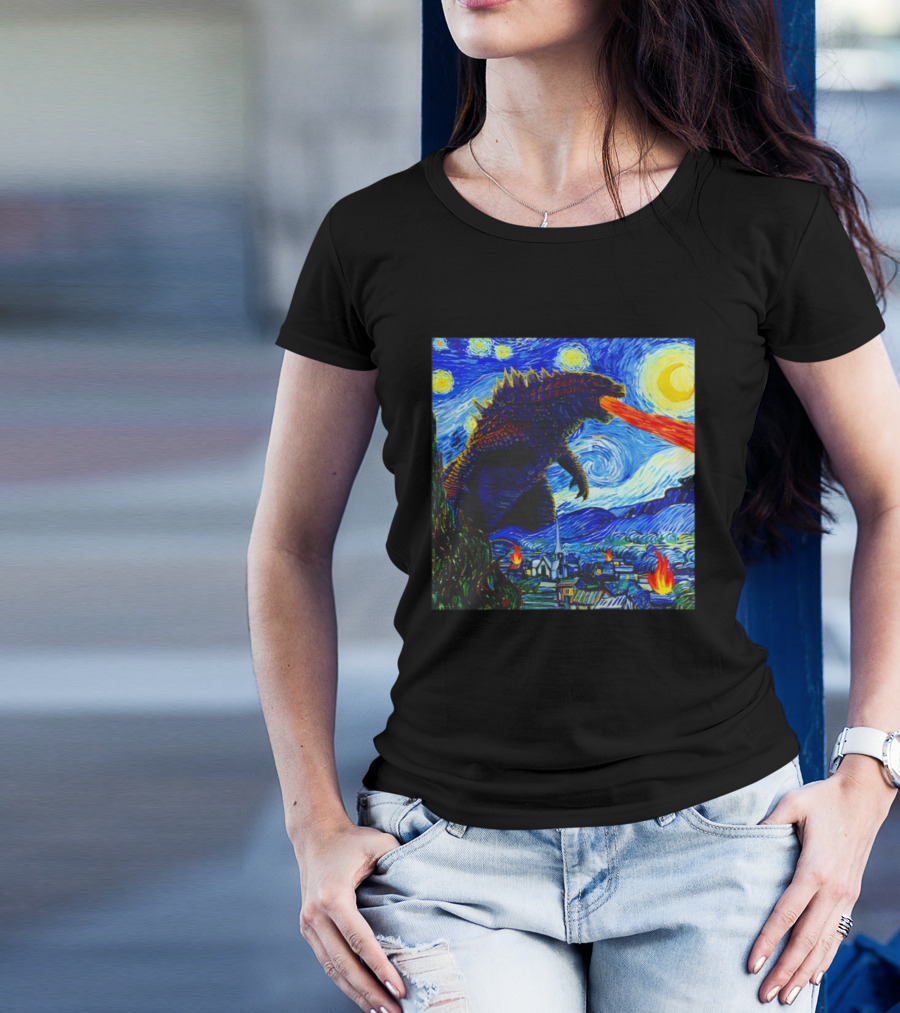 Godzilla Van Gogh Starry Night Mashup Scene T-Shirt