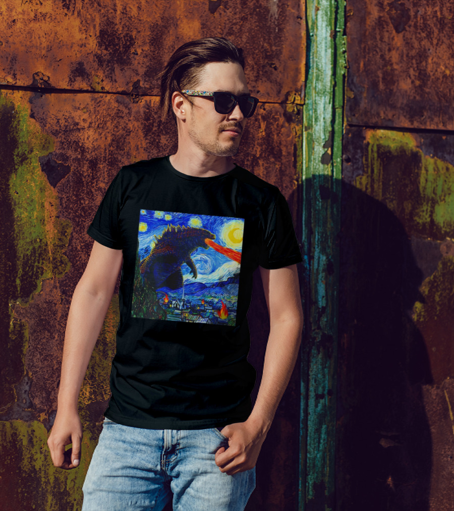 Godzilla Van Gogh Starry Night Mashup Scene T-Shirt