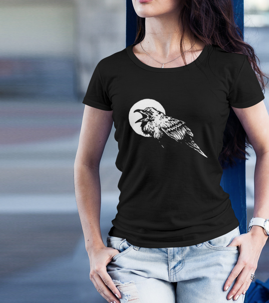 Raven Crow F Caw F Vintage Retro Bird Full Moon Silhouette In Flight T-Shirt