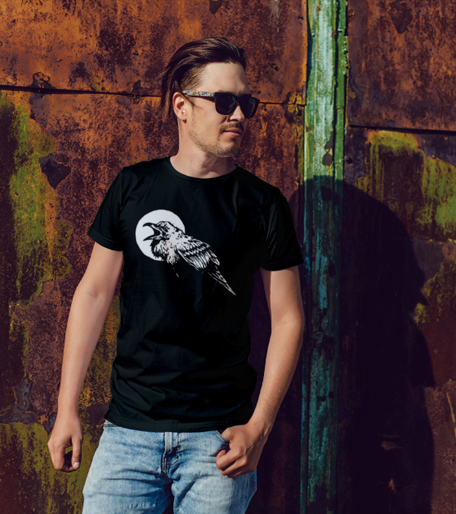 Raven Crow F Caw F Vintage Retro Bird Full Moon Silhouette In Flight T-Shirt