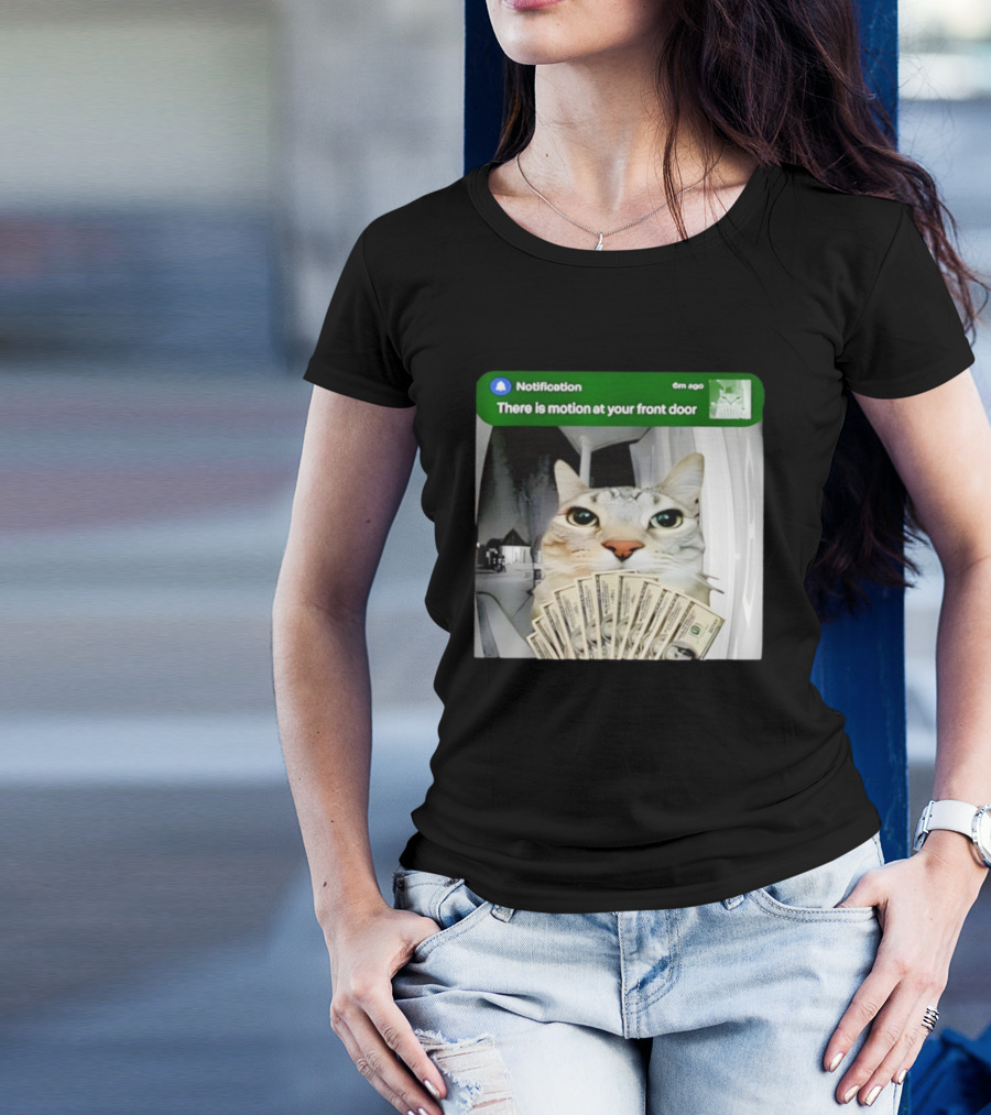 Notification Funny Cat Meme Motion At Your Front Door Money T-Shirt