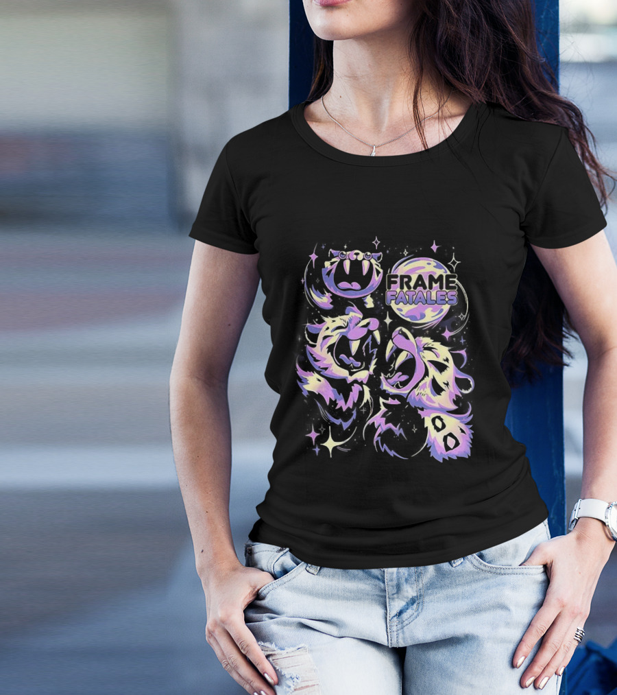 Three Faith Moon Frame Fatales Neon Pastel Feline Faces T-Shirt