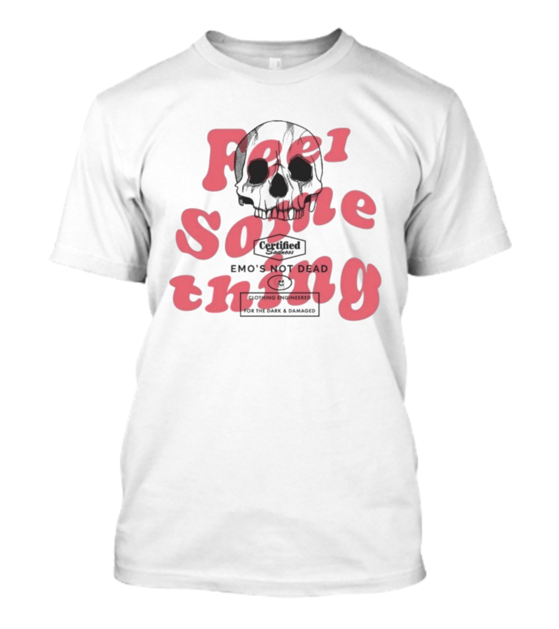 Emo’s Not Dead Feel Something Skull Vintage Style Pink Text T-Shirt