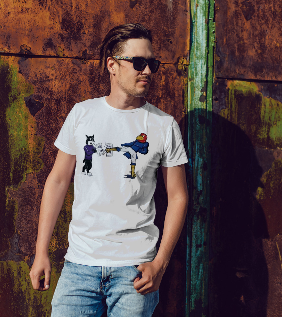 Kansas Jayhawk Mascot Kicking Wildcat We Own State T-Shirt