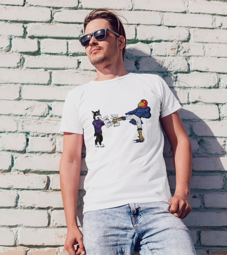 Kansas Jayhawk Mascot Kicking Wildcat We Own State T-Shirt