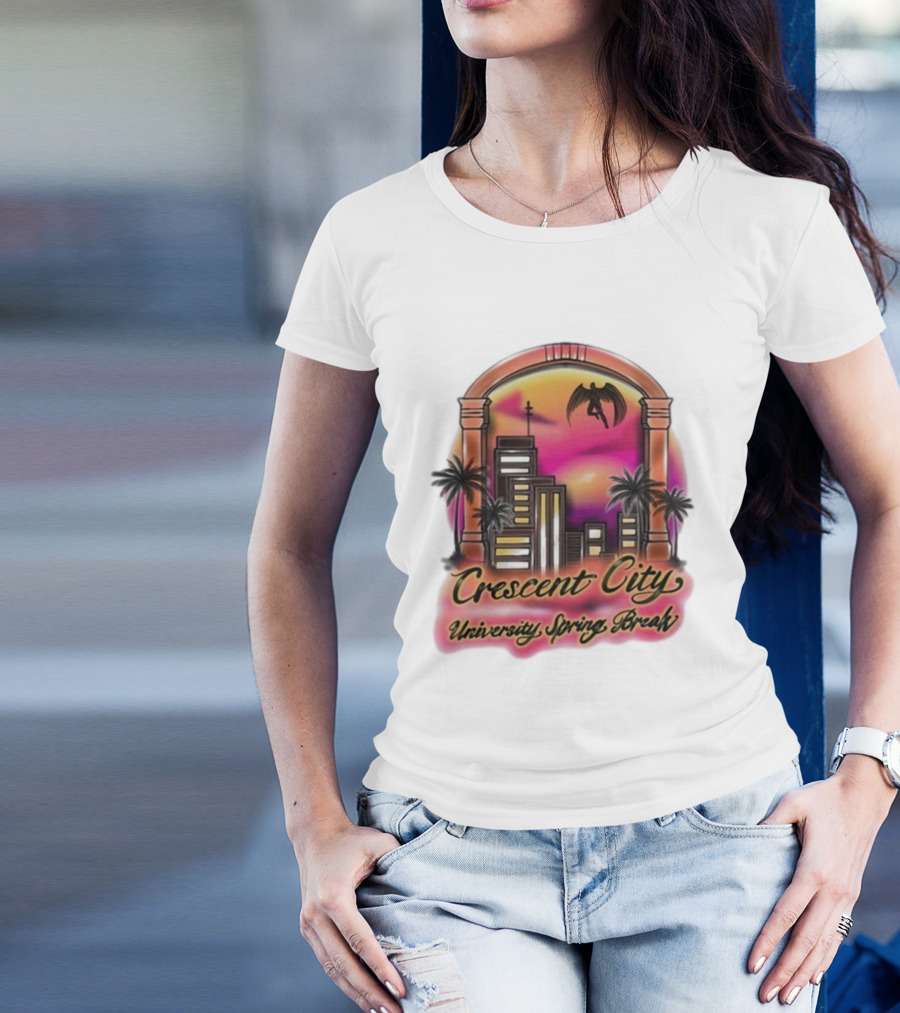 Crescent City University Spring Break Airbrush Tropical Sunset Skyscraper Archway Angel Wings T-Shirt