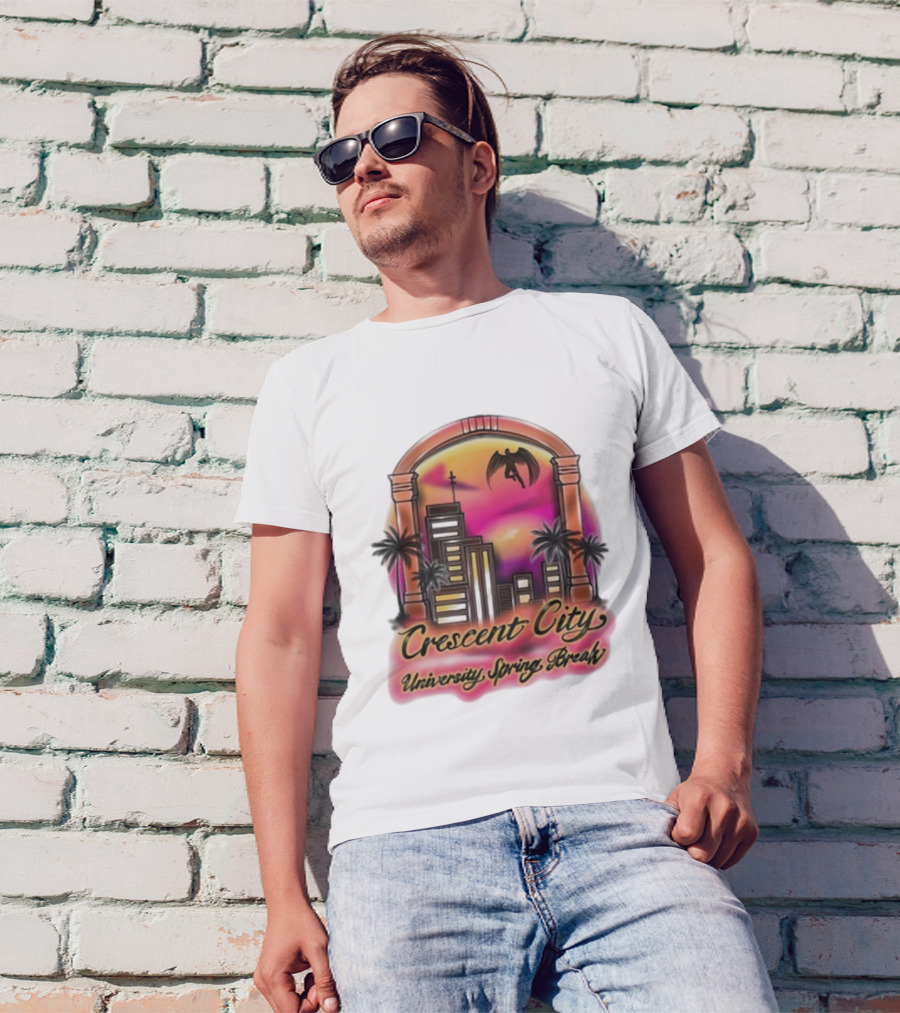 Crescent City University Spring Break Airbrush Tropical Sunset Skyscraper Archway Angel Wings T-Shirt