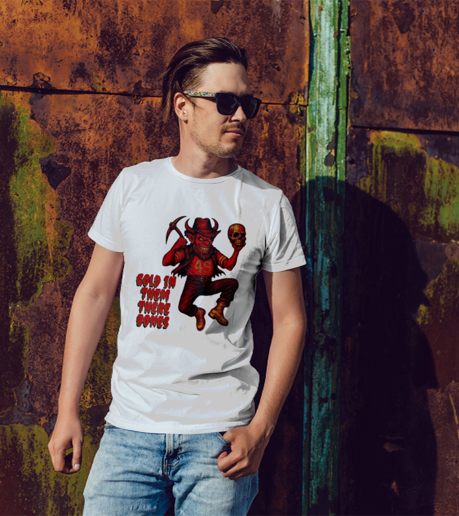San Francisco 49er Devil Holding Skull Gold In Them There Bones T-Shirt