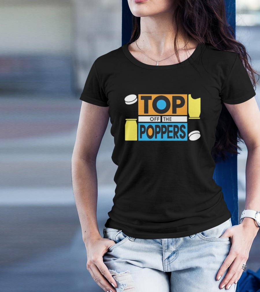 TOP OFF THE POPPERS Yellow And Blue Theme With White Pieces T-Shirt