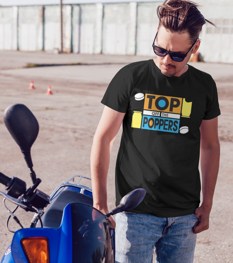 TOP OFF THE POPPERS Yellow And Blue Theme With White Pieces T-Shirt