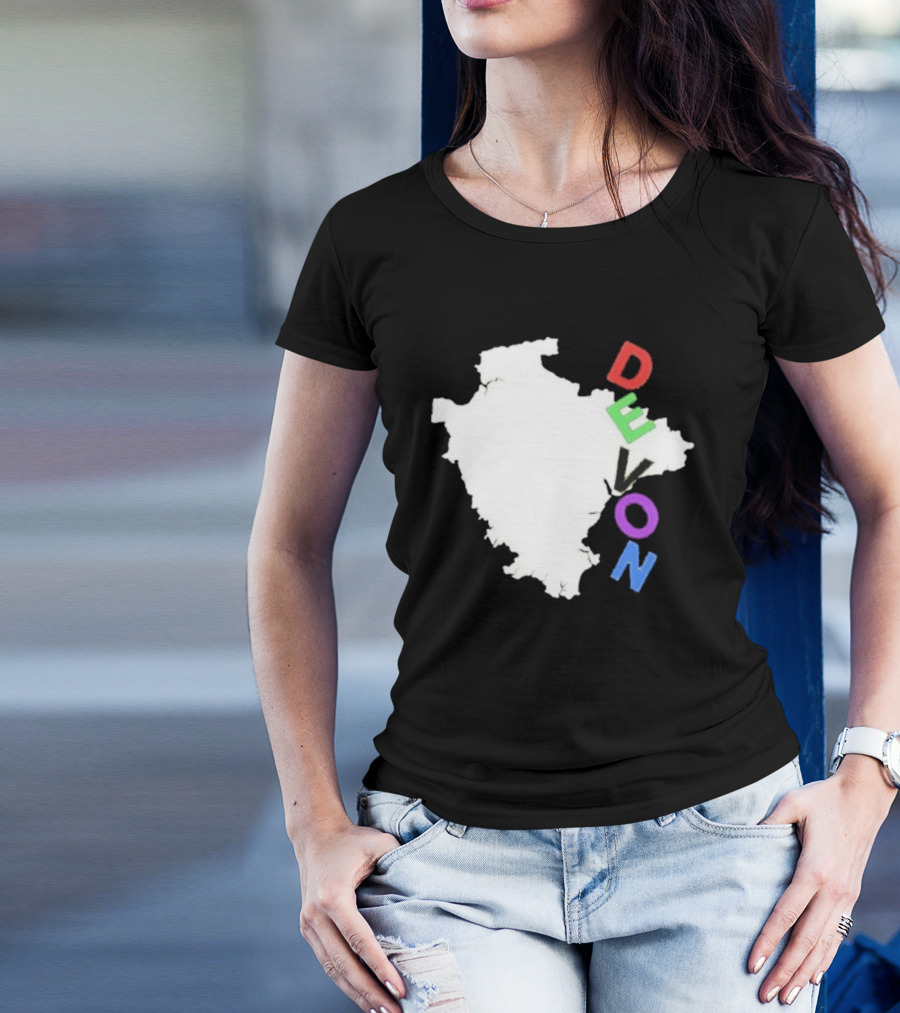 We Are Devon Island Map Outline With Colorful Vertical Text T-Shirt