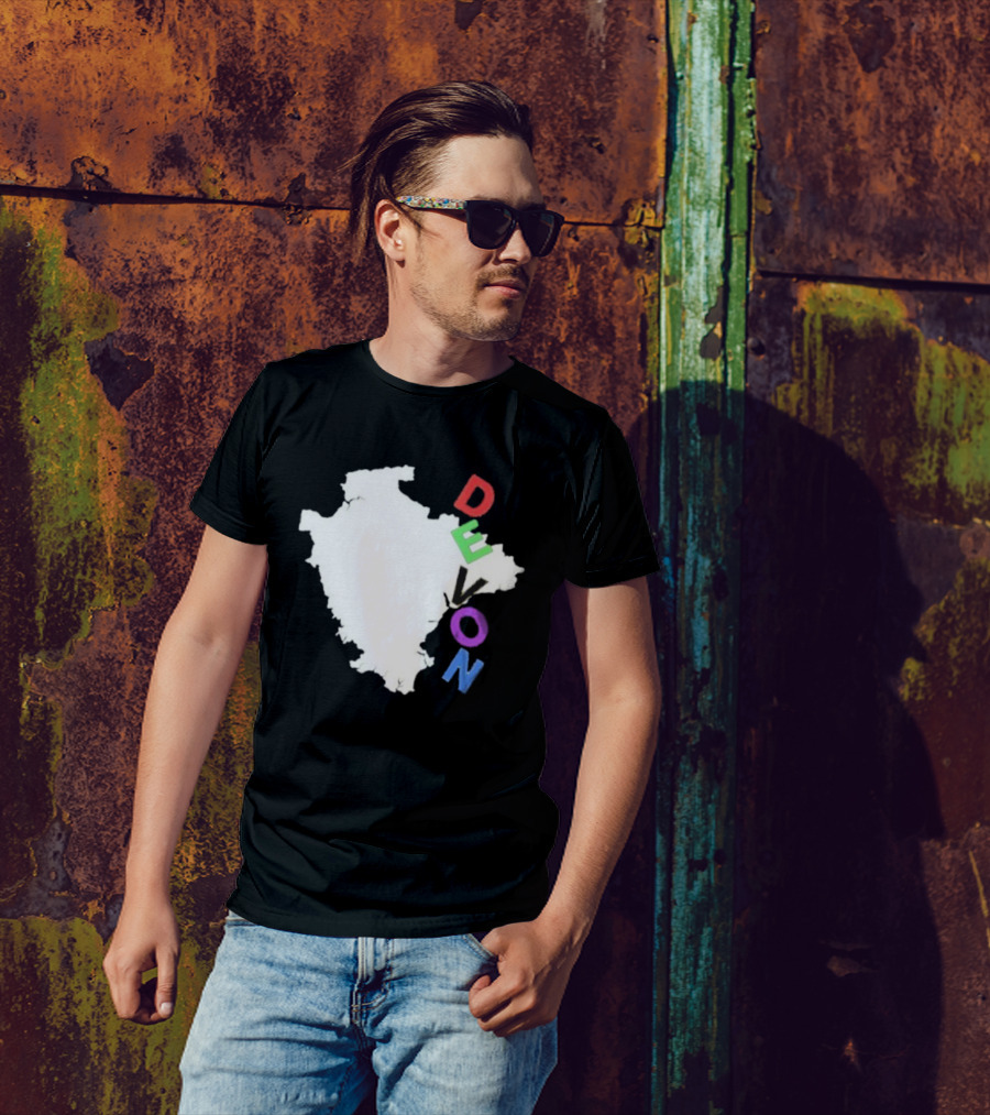 We Are Devon Island Map Outline With Colorful Vertical Text T-Shirt