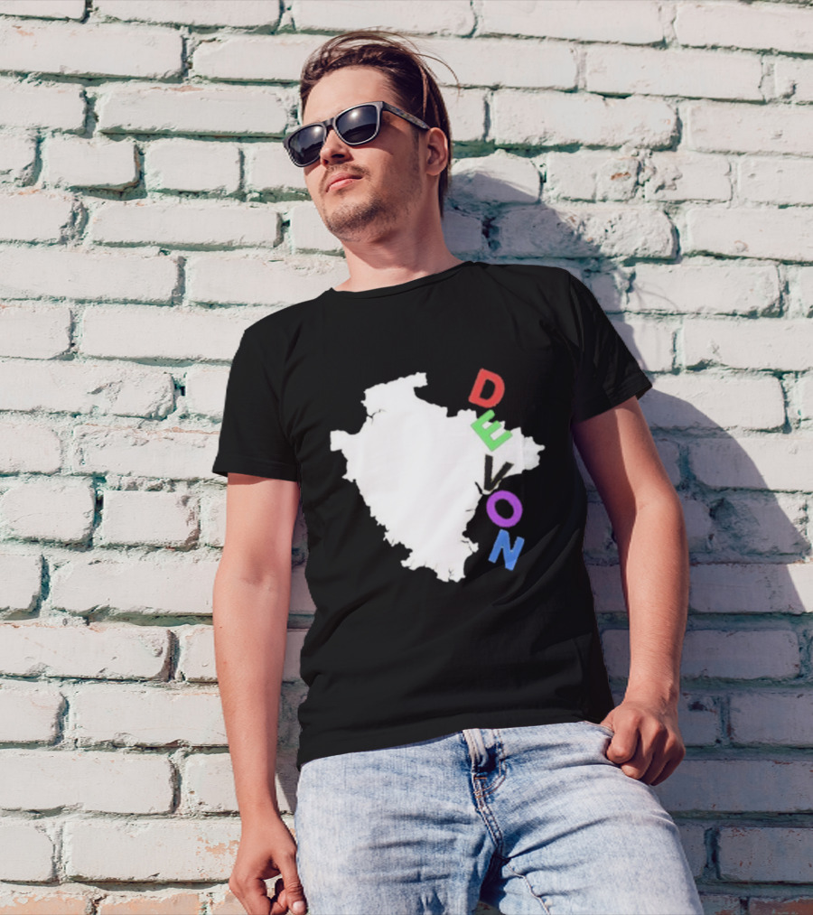 We Are Devon Island Map Outline With Colorful Vertical Text T-Shirt