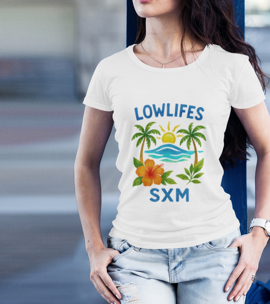 Lowlifes SXM Tropical Sunset 2025 Palms Hibiscus Ocean Sun T-Shirt