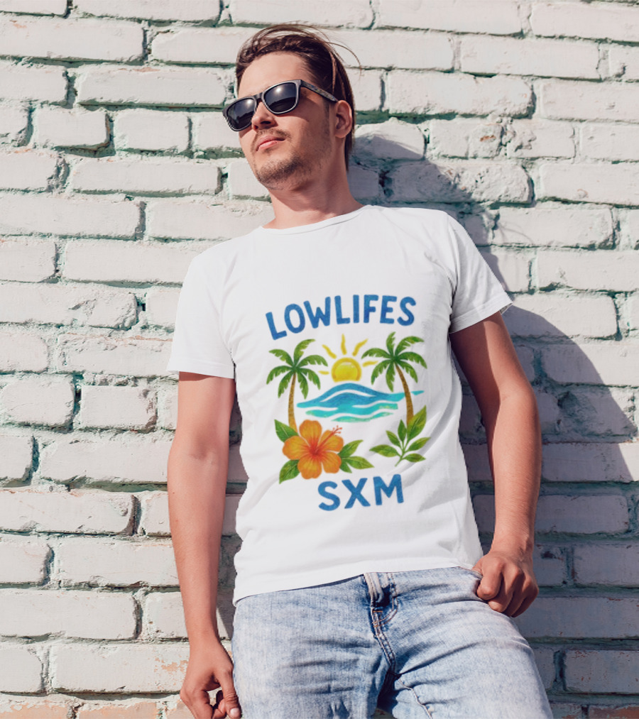 Lowlifes SXM Tropical Sunset 2025 Palms Hibiscus Ocean Sun T-Shirt