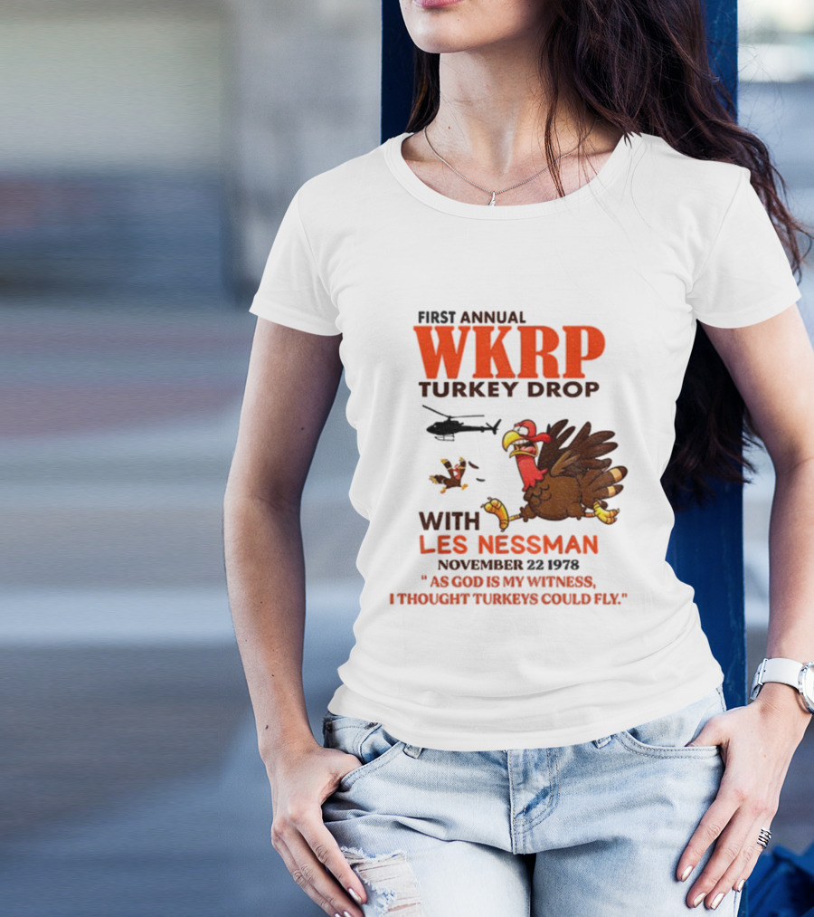 Vintage WKRP Turkey Drop First Annual With Les Nessman As God Is My Witness November T-Shirt