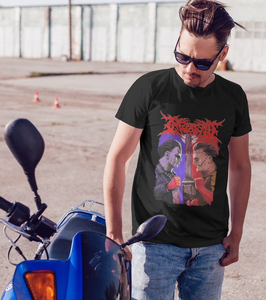 Michael Myers Freddy Krueger Ingested Chainsaw Showdown Graphic T-Shirt
