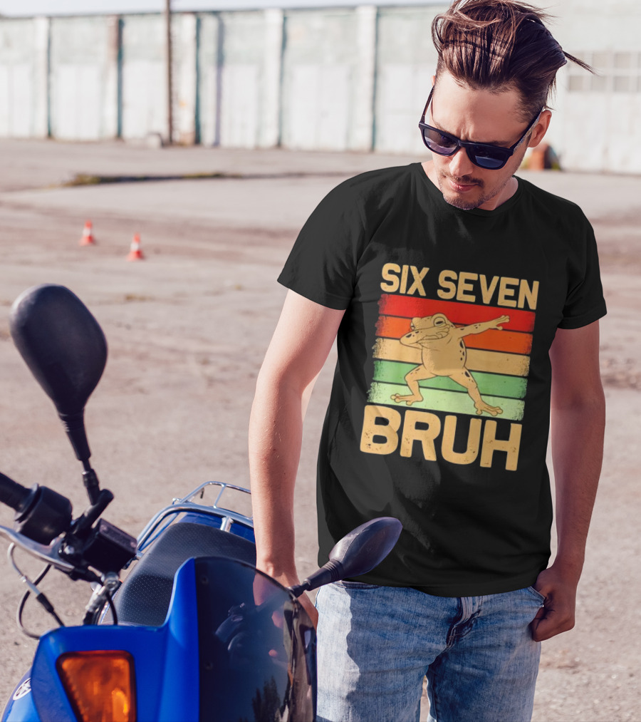 Six Seven Bruh Dab Frog Retro Stripes T-Shirt