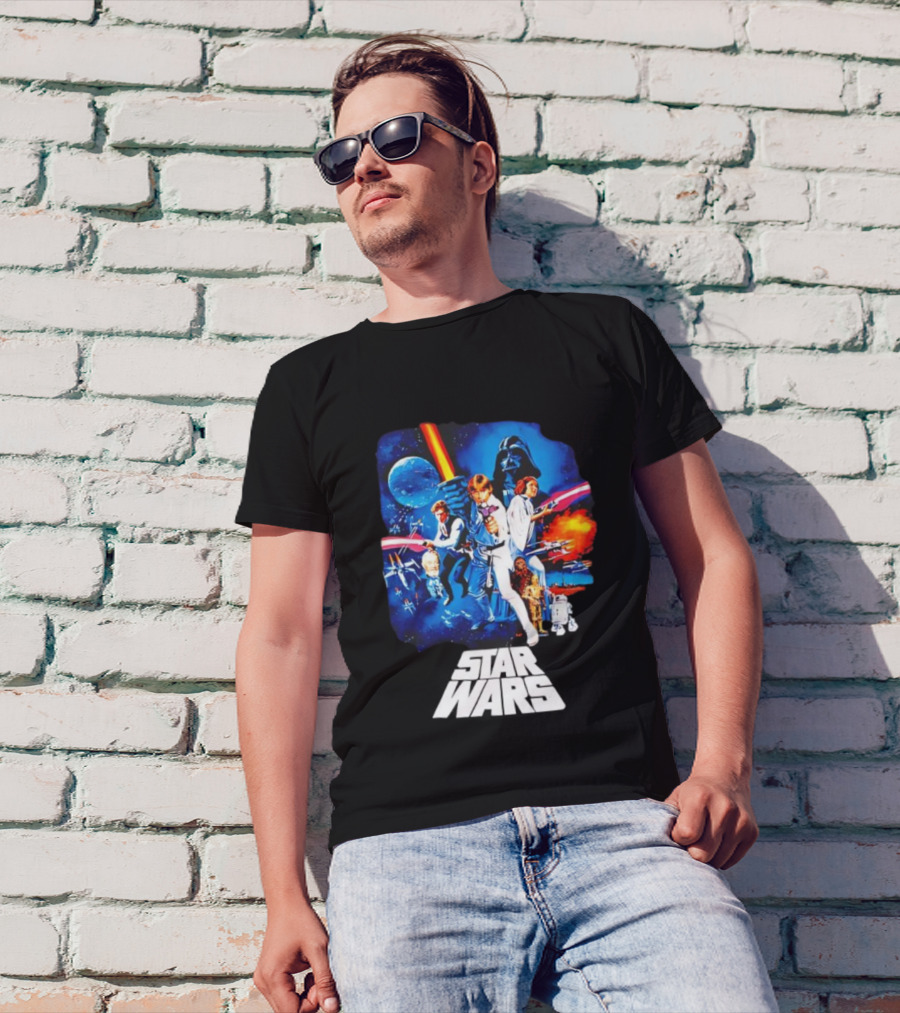 Star Wars New Hope Retro Darth Vader Luke Skywalker Leia Han Solo Chewbacca R2-D2 C-3PO Vintage Galactic Battle Scene T-Shirt
