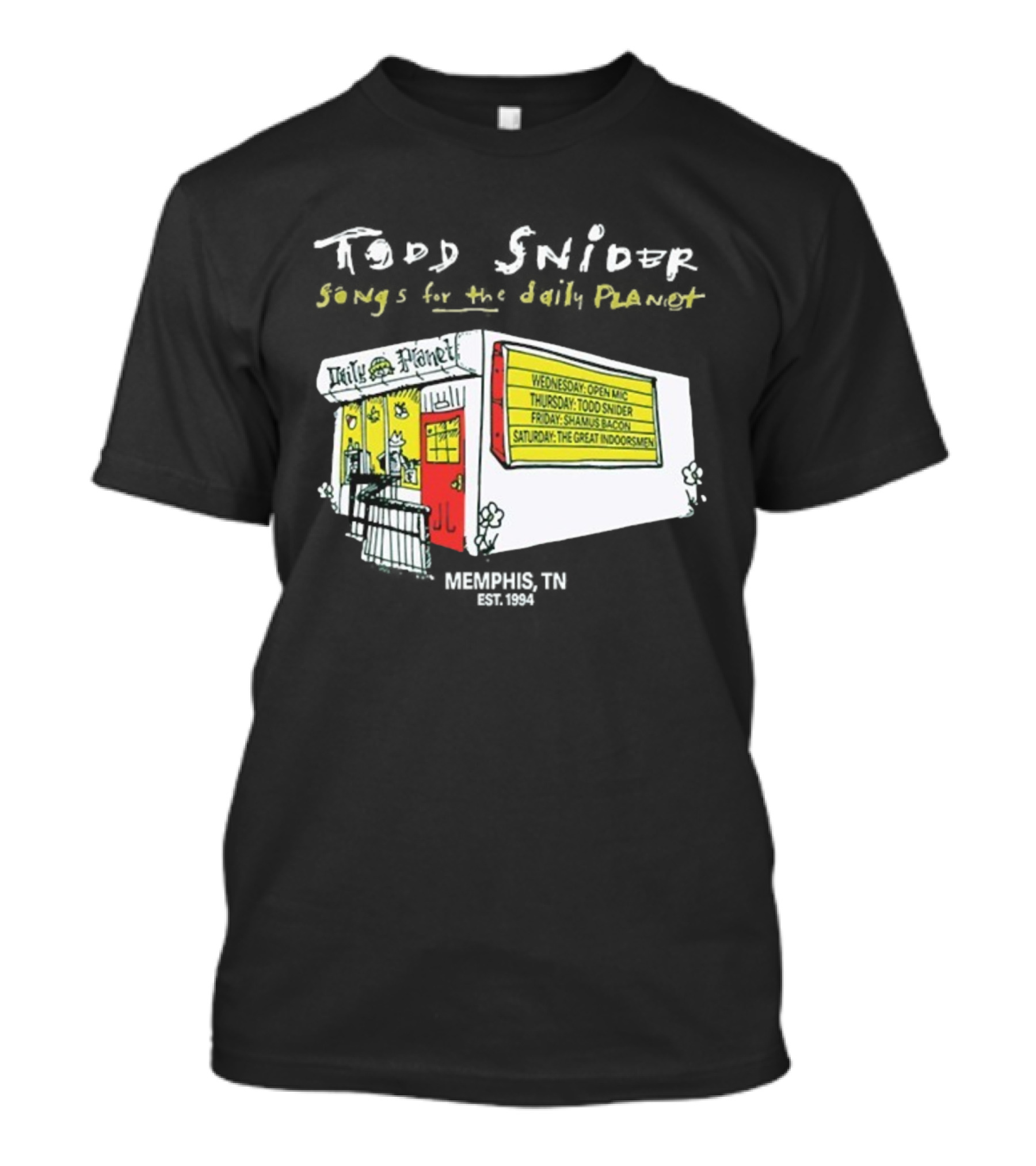 Todd Snider Songs For The Daily Planet Memphis TN Established 1994 Open Mic Shamus Bacon The Great Indoorsmen T-Shirt