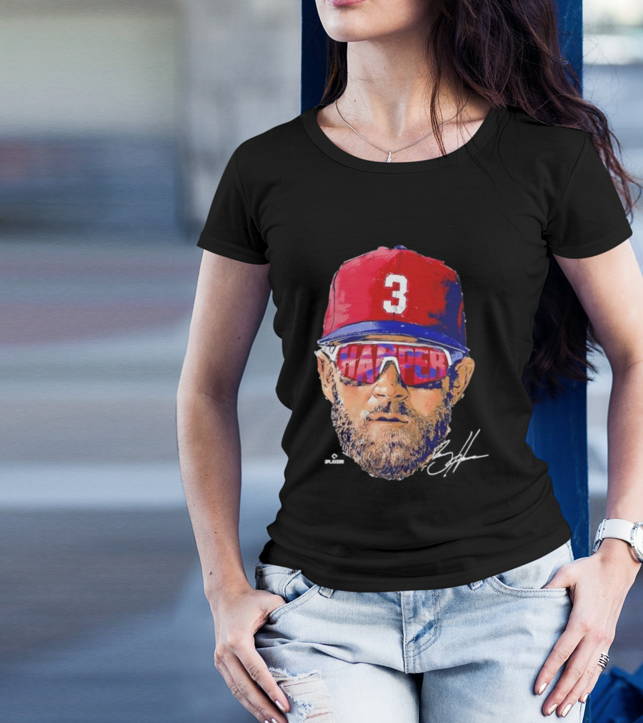 Philadelphia Phillies Bryce Harper Signature Head 3 Cap Sunglasses T-Shirt