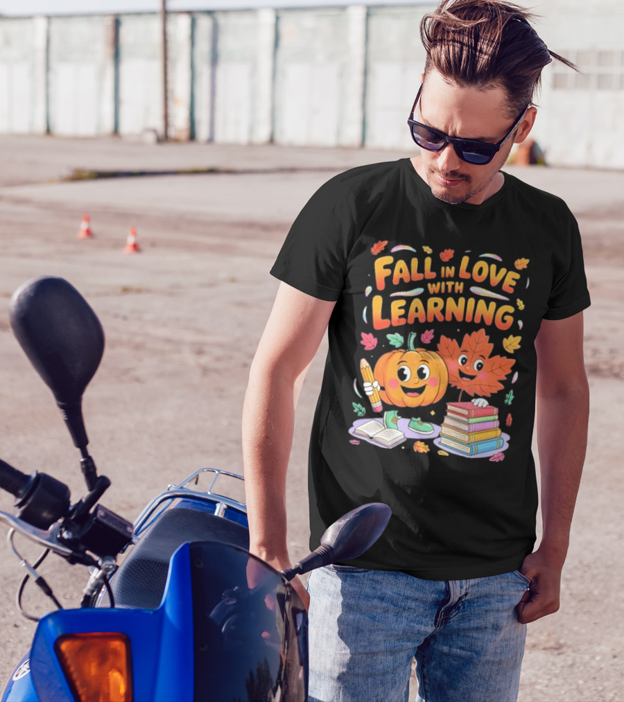 Fall In Love With Learning Autumn Pumpkin And Leaf With Books And Stationery T-Shirt