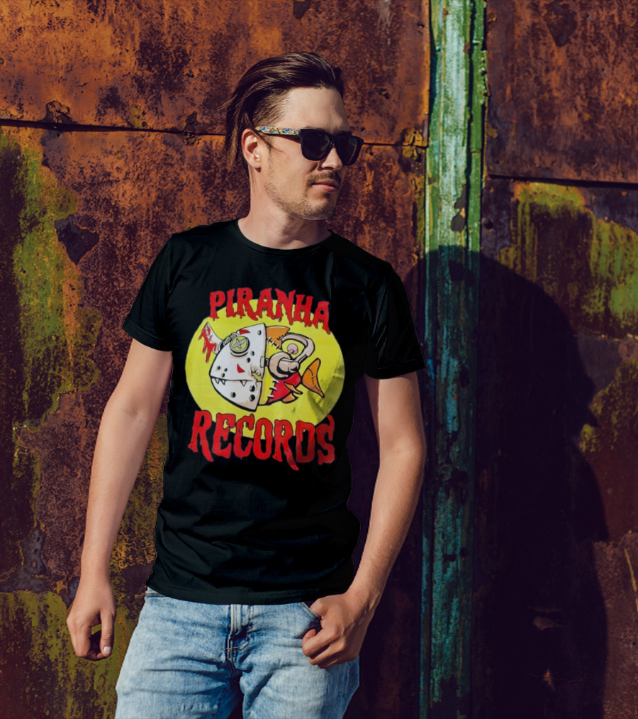 Piranha Records Cartoon Fish Bite Graphic T-Shirt