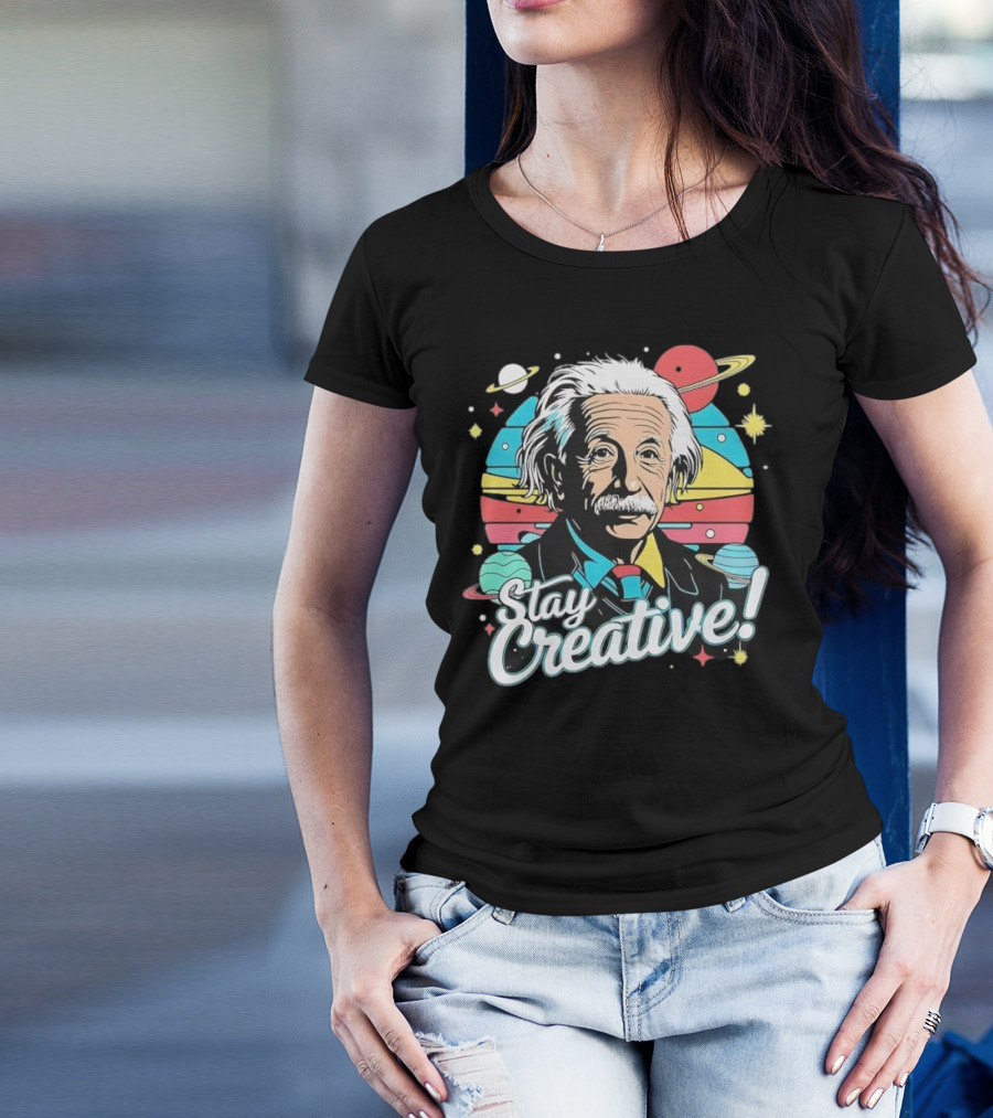 Albert Einstein Stay Creative Vintage Planets Space Theme T-Shirt