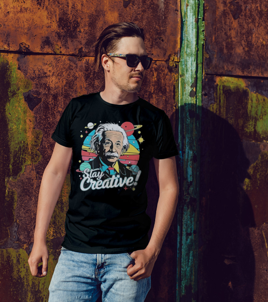 Albert Einstein Stay Creative Vintage Planets Space Theme T-Shirt