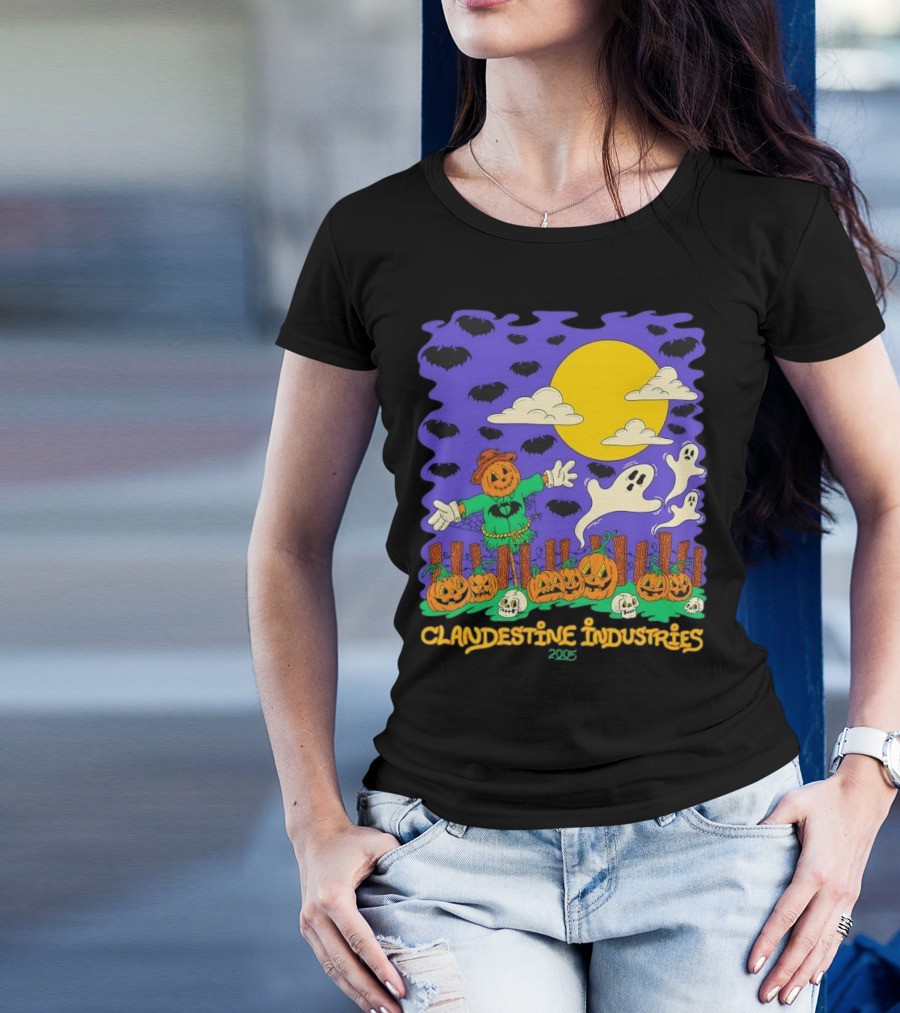 Clandestine Industries 2005 Halloween Scarecrow Ghosts Pumpkins Bats T-Shirt