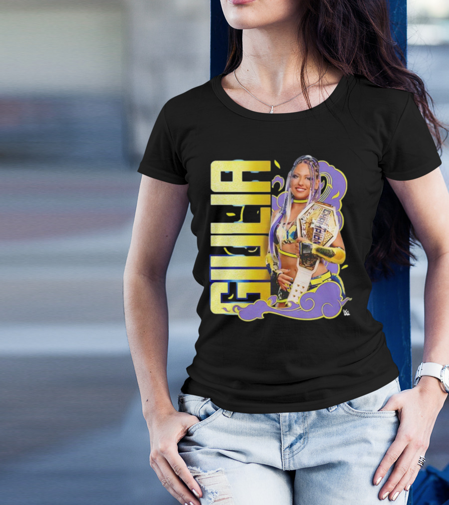 Giulia Smoke Champion Wrestling Character With Belt And Yellow Purple Accents T-Shirt