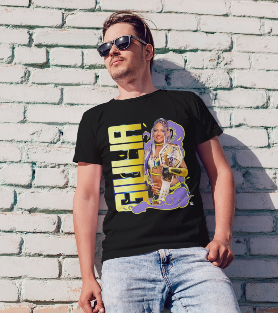 Giulia Smoke Champion Wrestling Character With Belt And Yellow Purple Accents T-Shirt