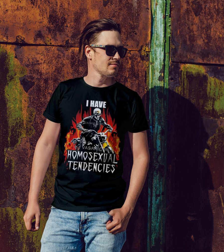 I Have Homosexual Tendencies Skeleton Motorcycle Flaming Background T-Shirt