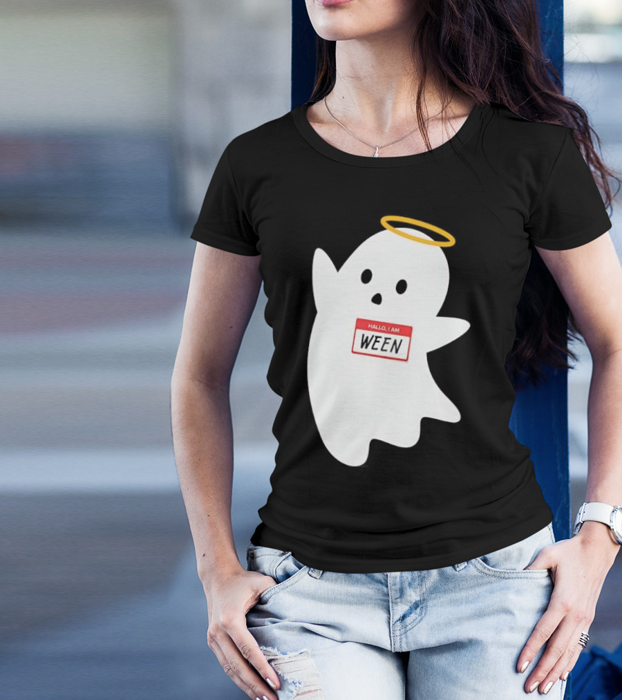 Hallo I Am Ween Ghost With Halo And Happy Halloween Name Tag T-Shirt