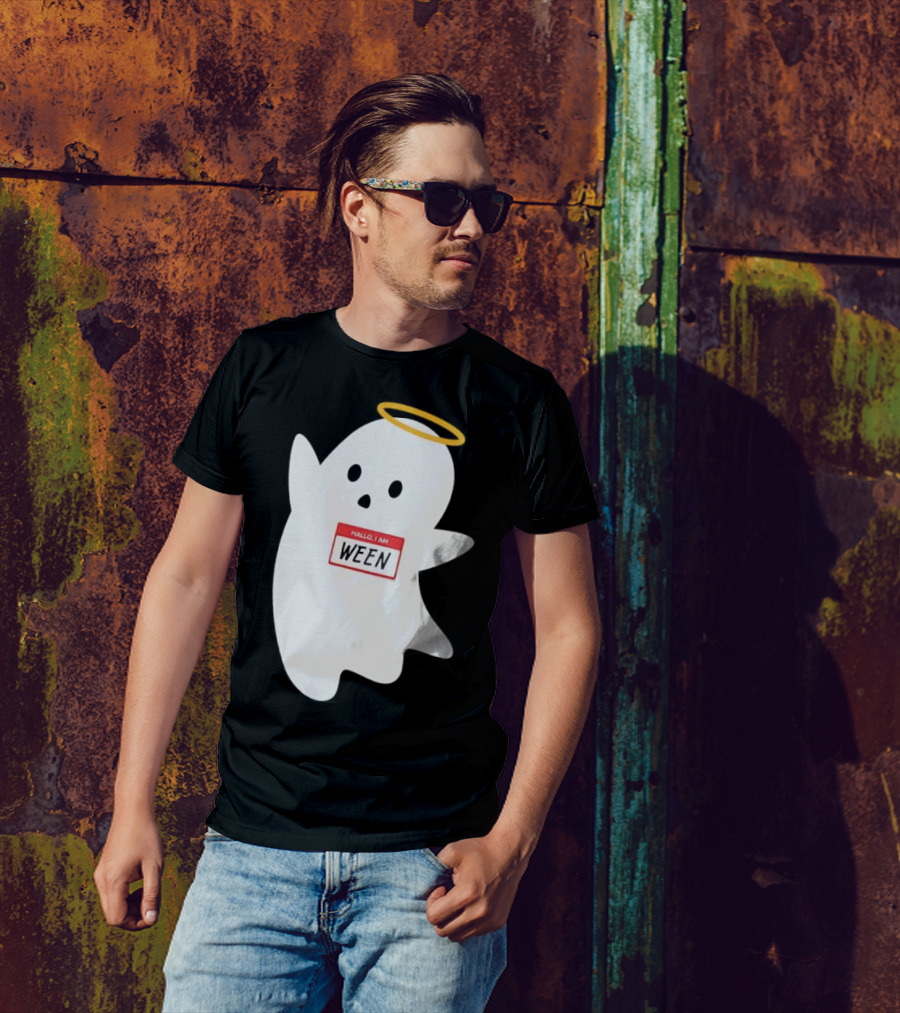 Hallo I Am Ween Ghost With Halo And Happy Halloween Name Tag T-Shirt