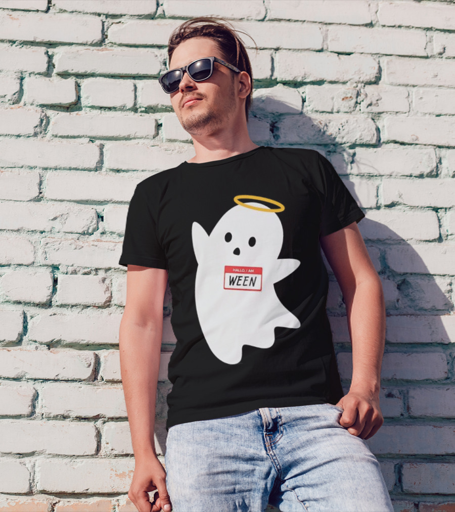 Hallo I Am Ween Ghost With Halo And Happy Halloween Name Tag T-Shirt
