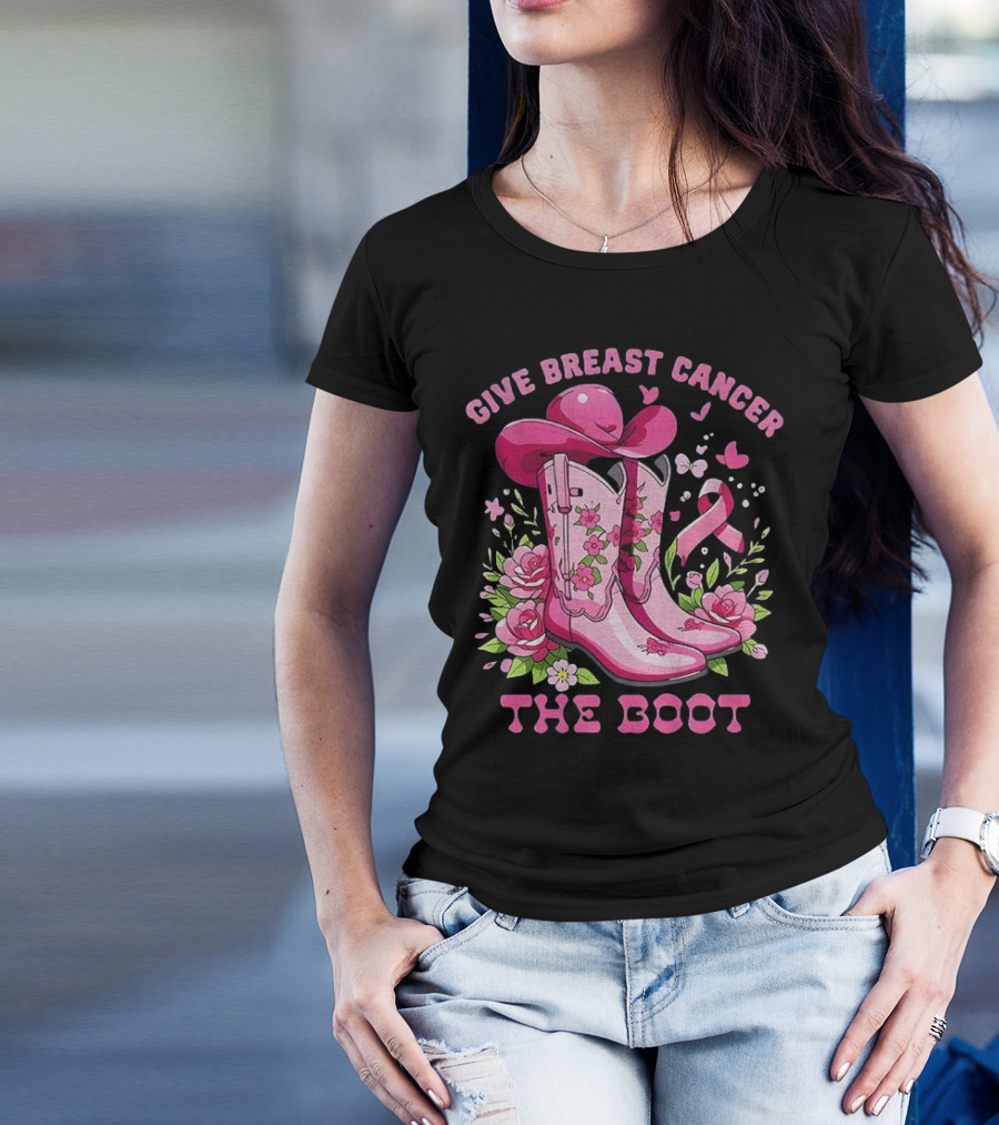 Vintage Pink Cowboy Boots Floral Breast Cancer Awareness T-Shirt