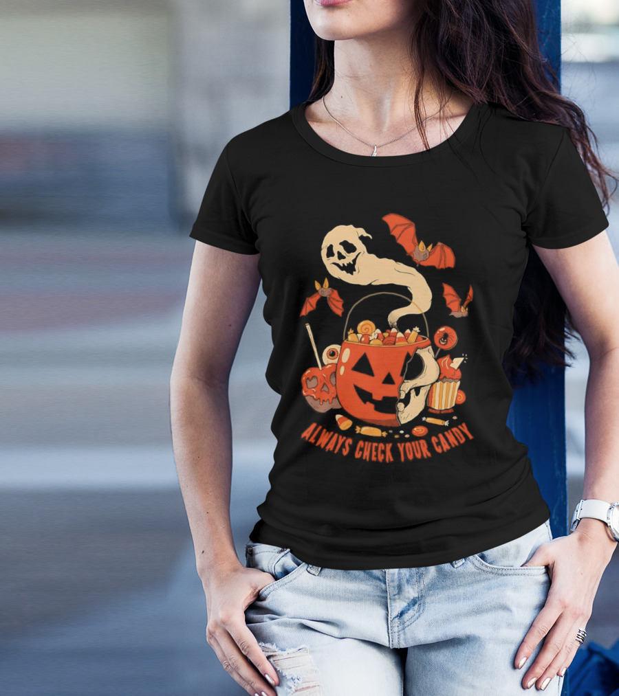 Halloween Always Check Your Candy Spooky Jack-O'-Lantern Ghost Bats And Sweets T-Shirt