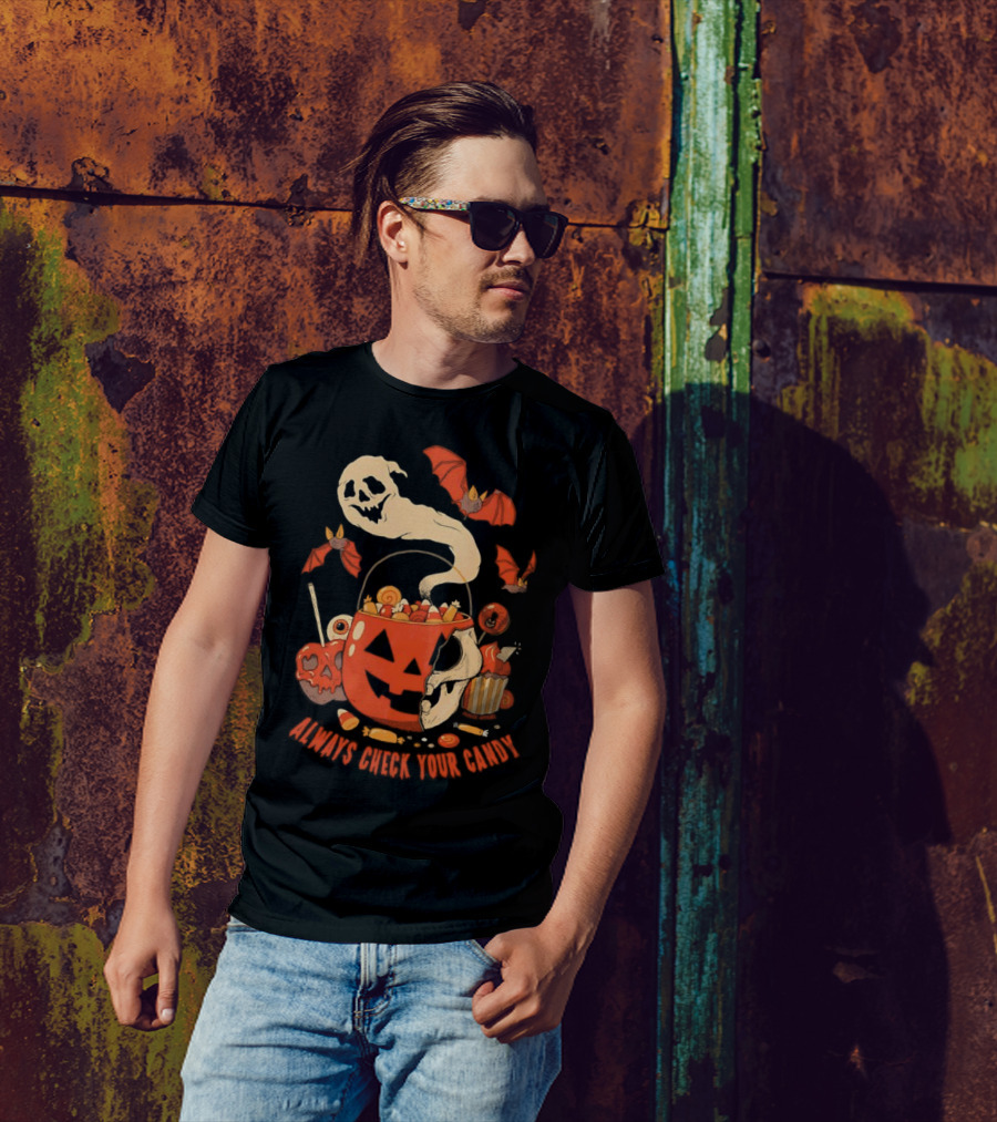 Halloween Always Check Your Candy Spooky Jack-O'-Lantern Ghost Bats And Sweets T-Shirt