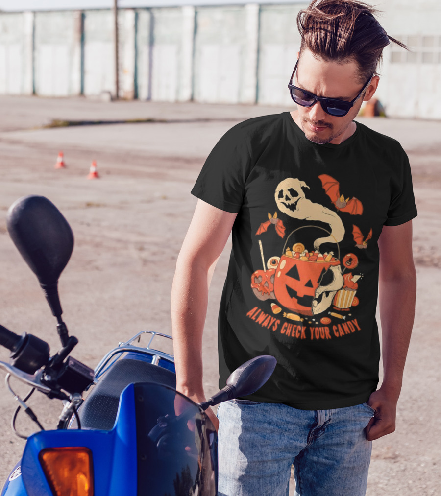 Halloween Always Check Your Candy Spooky Jack-O'-Lantern Ghost Bats And Sweets T-Shirt