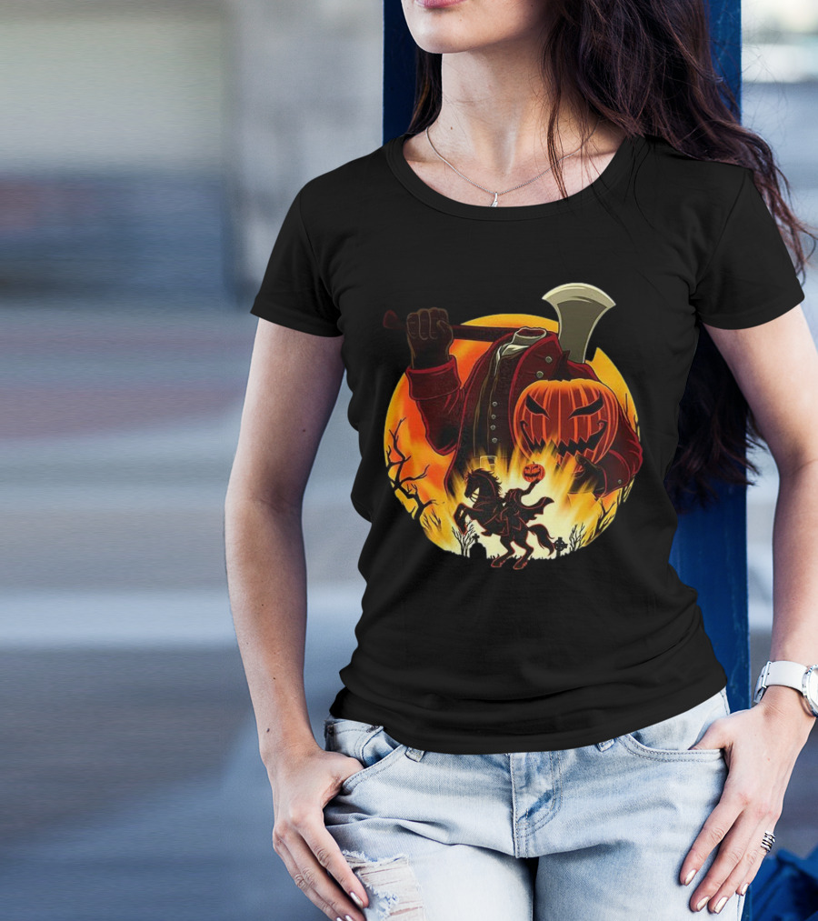 Headless Horseman Galloping Hessian Pumpkin Halloween Axe Rider T-Shirt