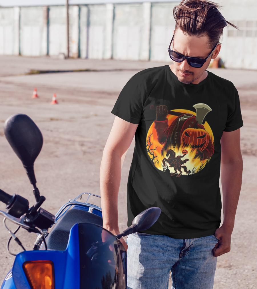 Headless Horseman Galloping Hessian Pumpkin Halloween Axe Rider T-Shirt