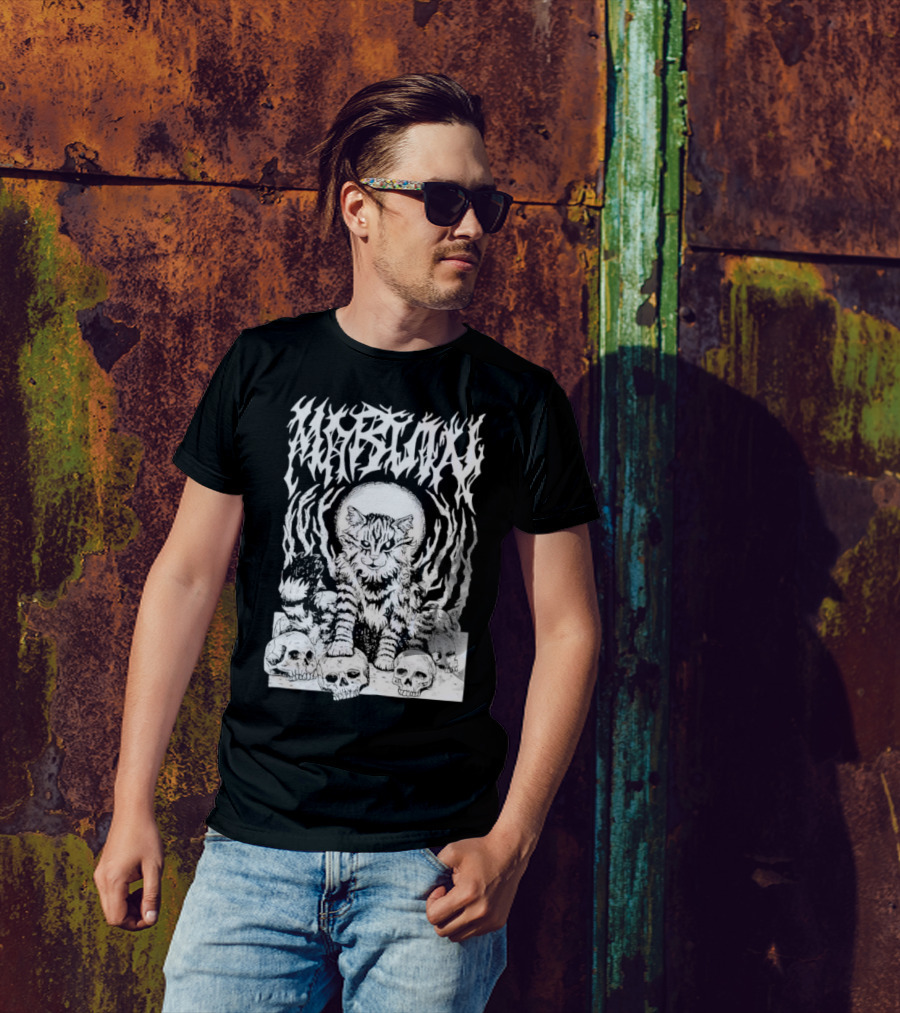 Metal Marvin Skull Cat By Beefaroni Flame Design T-Shirt