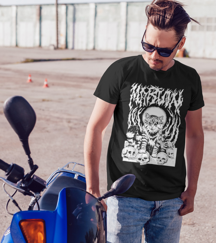 Metal Marvin Skull Cat By Beefaroni Flame Design T-Shirt